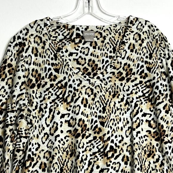 Chicos 3/4 Sleeve Animal Print Pullover Shirt Brown Black Womens 2 Large - Picture 2 of 9